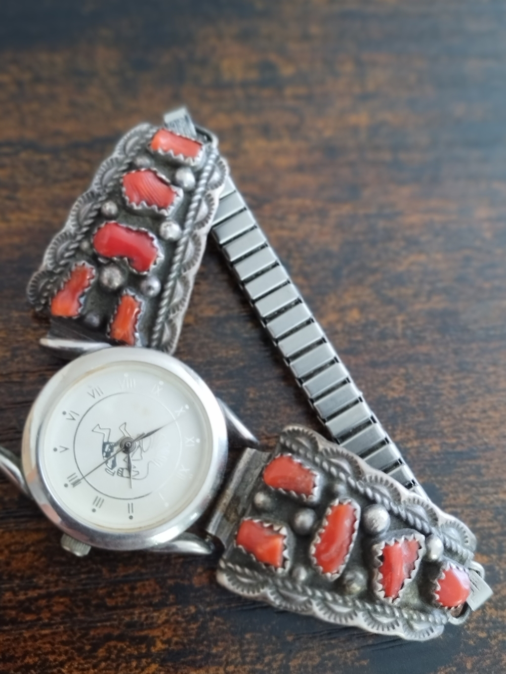 Sterling Silver Red Coral Inlay Watch.